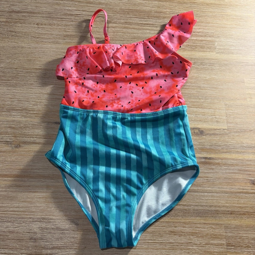 Cat & Jack Women's Watermelon One-Shoulder‎ Swimsuit Large 10/12